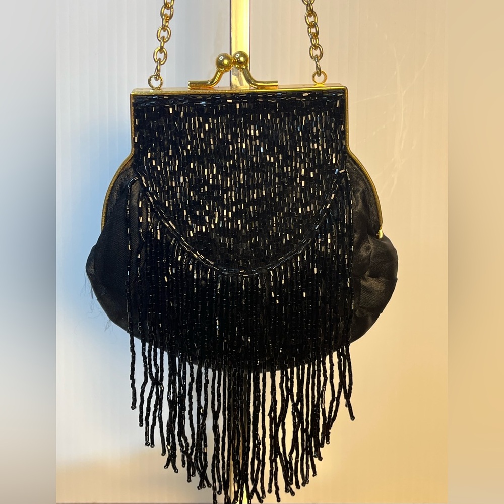 Jessica McClintock Beaded Black Tassel Satin Evening Bag Small Clutch Purse